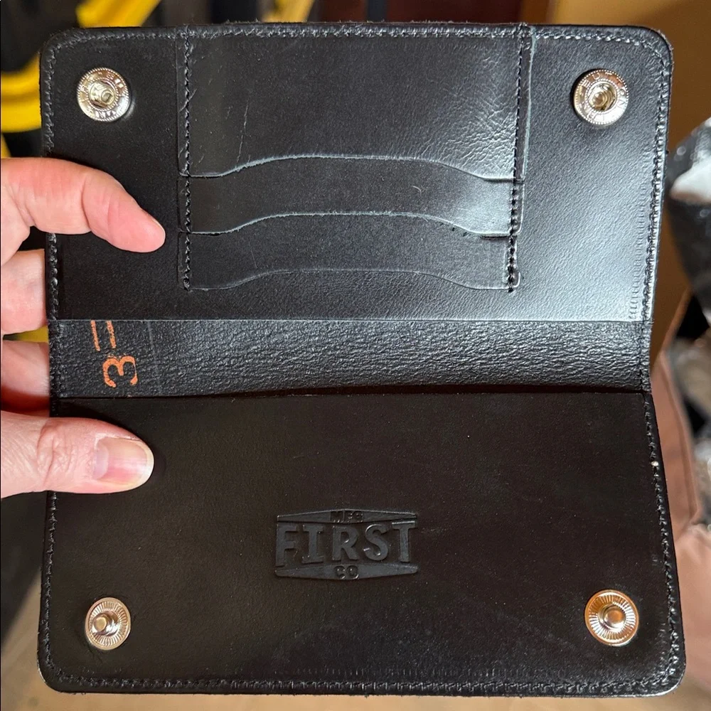 NWOT First Mfg Co Black Leather Wallet 3 Card Slots Double Snap Slim Billfold